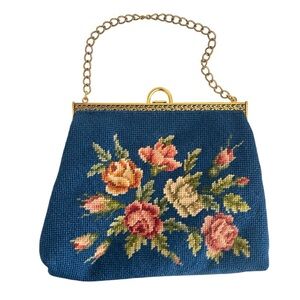 Vintage Blue Needlepoint Floral Handbag with Chain